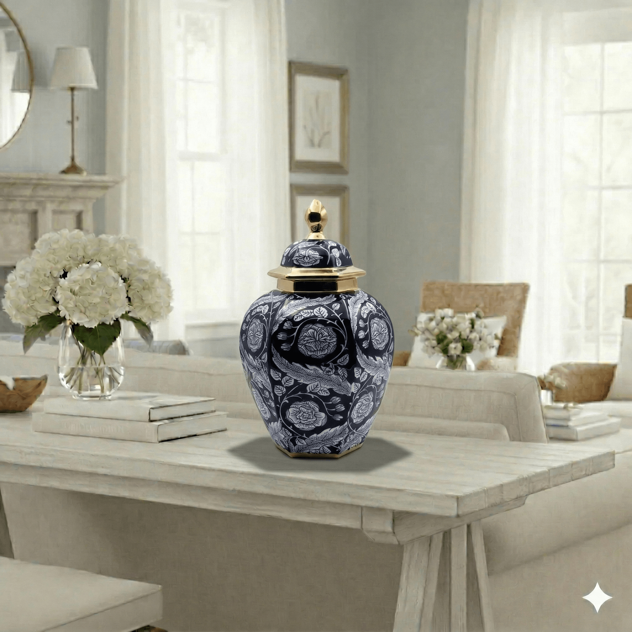 Hand-Painted Navy Gold Floral Temple Jar