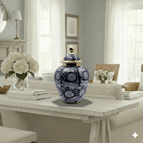Hand-Painted Navy Gold Floral Temple Jar