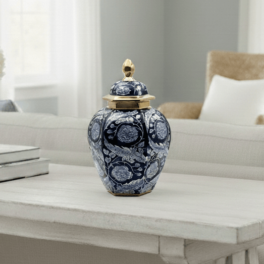 Hand-Painted Navy Gold Floral Temple Jar