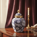 Hand-Painted Navy Gold Floral Temple Jar