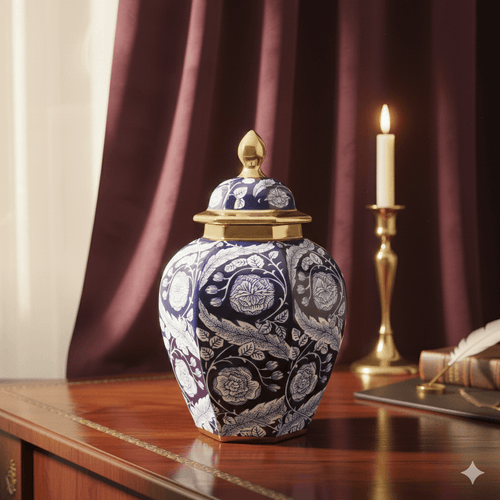 Hand-Painted Navy Gold Floral Temple Jar