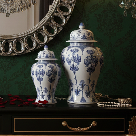 Hand-Painted Blue White Ginger Jar Set