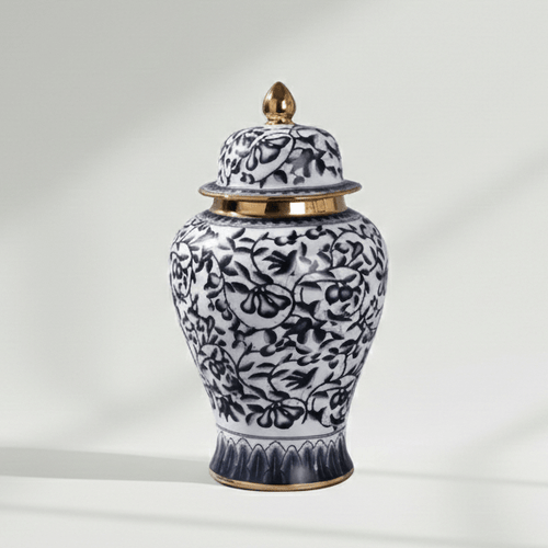 Handcrafted Navy Gold Motif Ceramic Jar