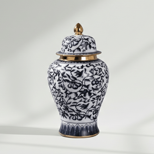 Handcrafted Navy Gold Motif Ceramic Jar