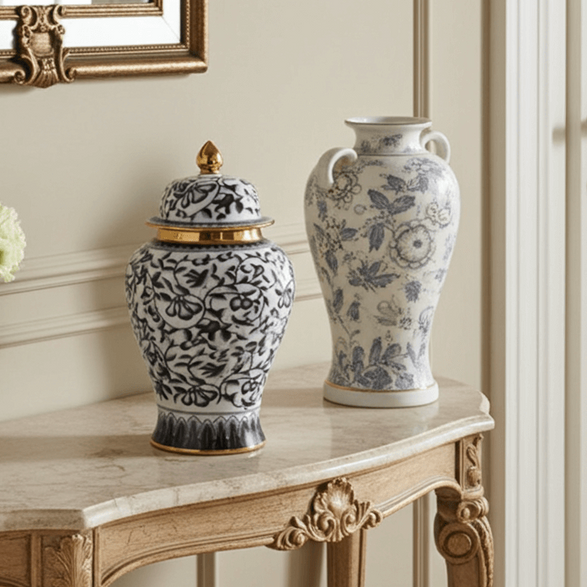 Handcrafted Navy Gold Motif Ceramic Jar