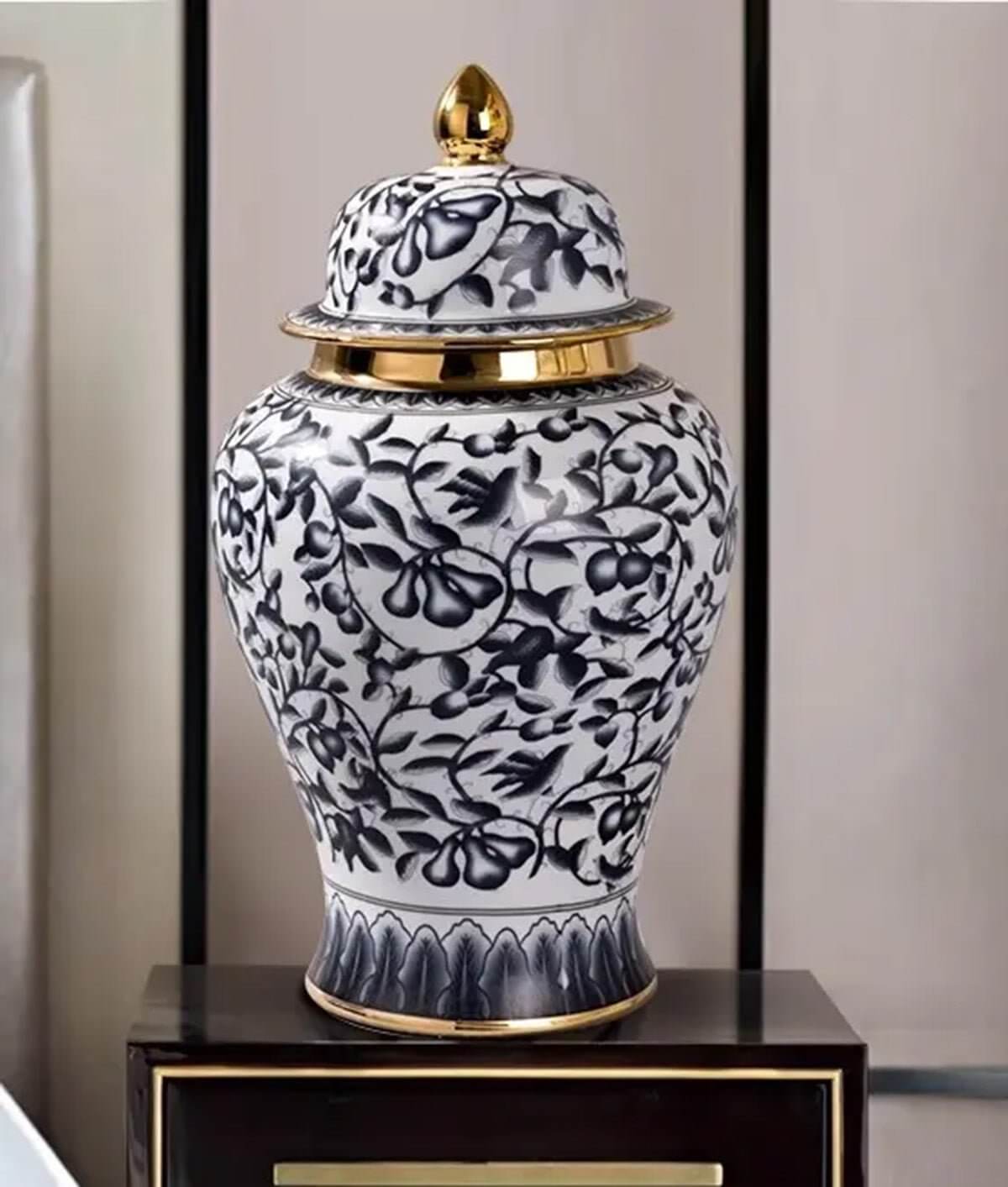 Handcrafted Navy Gold Motif Ceramic Jar