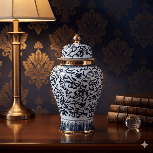 Handcrafted Navy Gold Motif Ceramic Jar