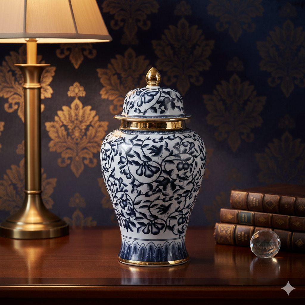 Handcrafted Navy Gold Motif Ceramic Jar