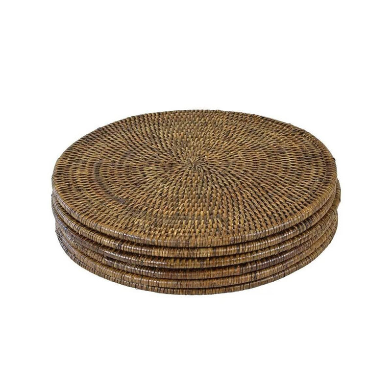 Handwoven Rattan Round Placemats Set of 6 - Antique Brown