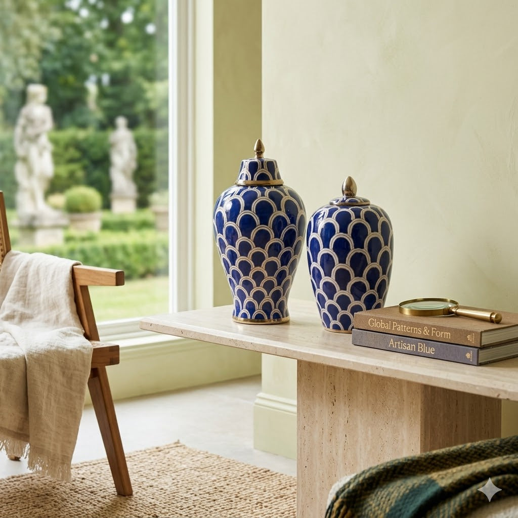 Imperial Blue Scalloped Ceramic Ginger Jars