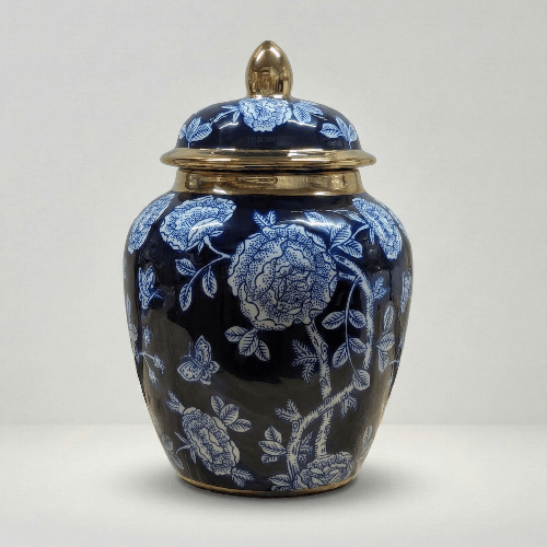 Imperial Navy Blue and Gold Peony Ginger Jar