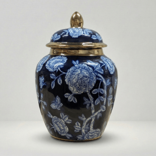Imperial Navy Blue and Gold Peony Ginger Jar