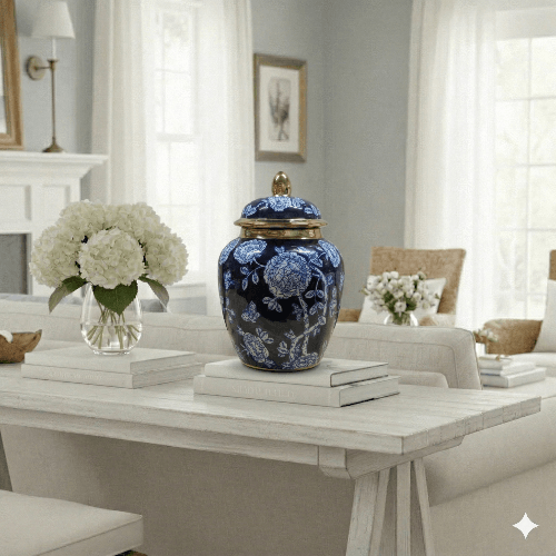Imperial Navy Blue and Gold Peony Ginger Jar
