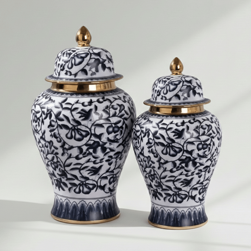 Imperial Navy Gold Floral Ginger Jar Set