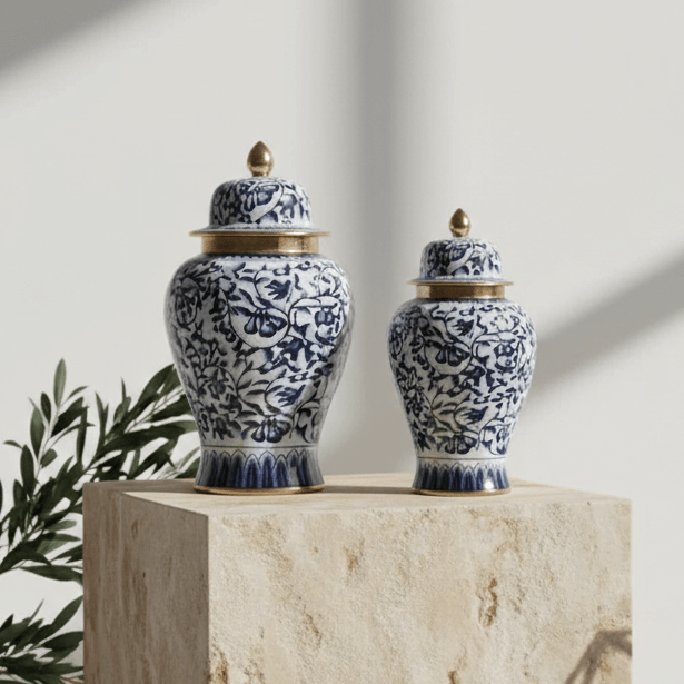 Imperial Navy Gold Floral Ginger Jar Set