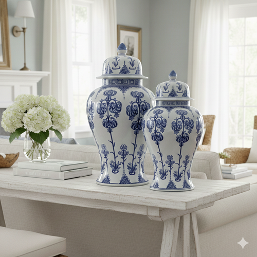 Hand-Painted Blue White Ginger Jar Set