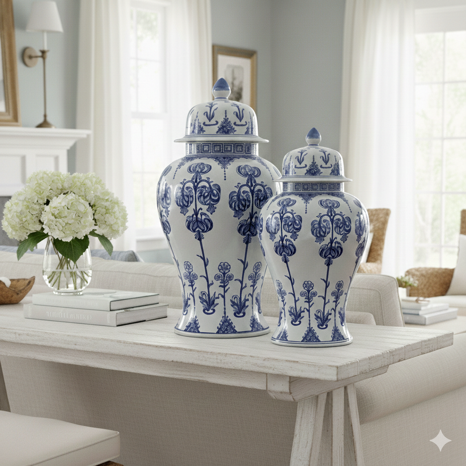 Hand-Painted Blue White Ginger Jar Set