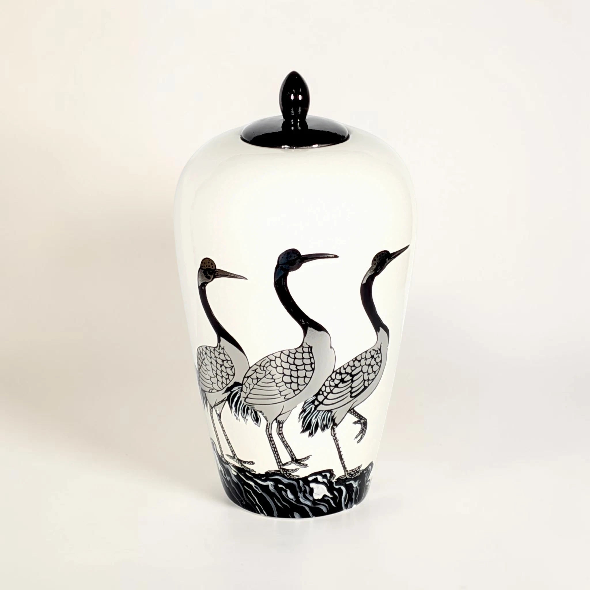 Hand-Painted Ceramic Crane Ginger Jar - 35cm