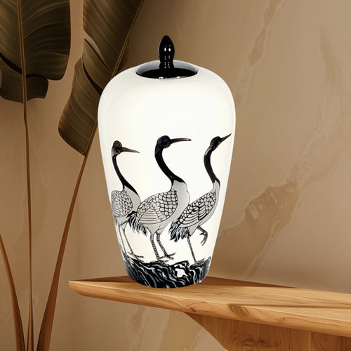 Hand-Painted Ceramic Crane Ginger Jar - 35cm
