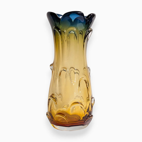 Murano Style Amber Blue Glass Vase - 35cm