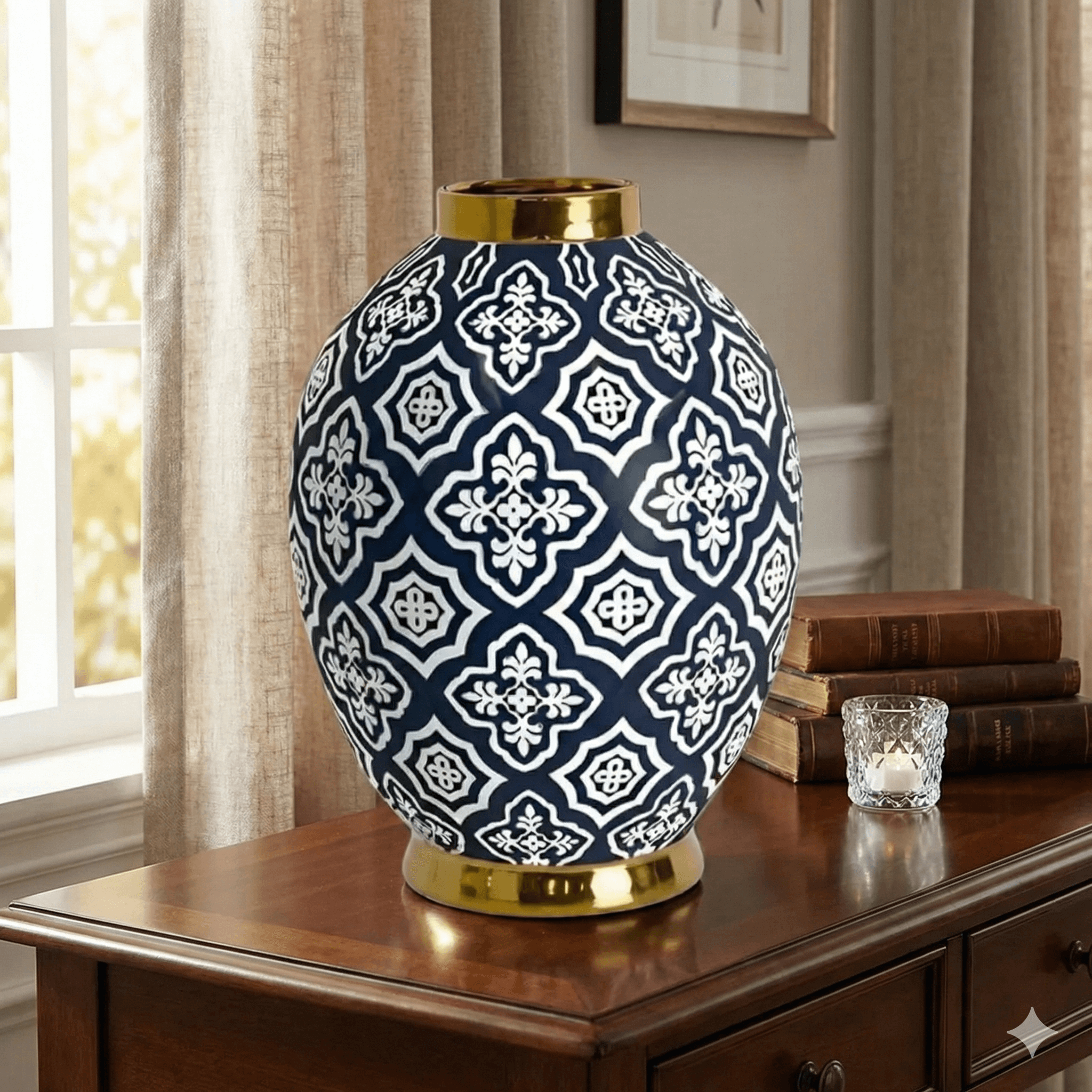 Large 34cm Navy Gold Ceramic Belly Vase