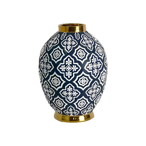Large 34cm Navy Gold Ceramic Belly Vase
