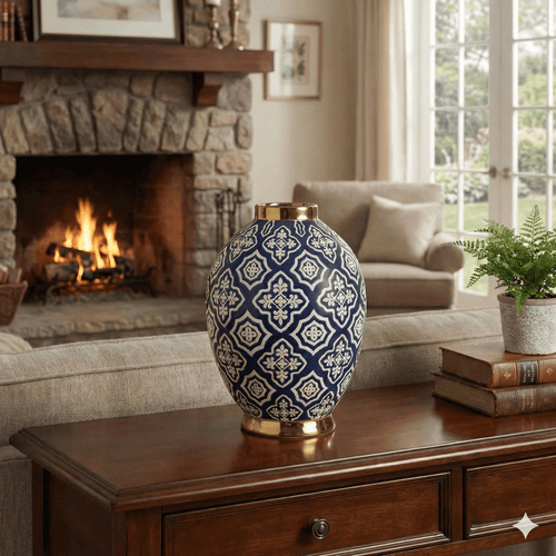 Large 34cm Navy Gold Ceramic Belly Vase