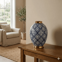 Large 34cm Navy Gold Ceramic Belly Vase