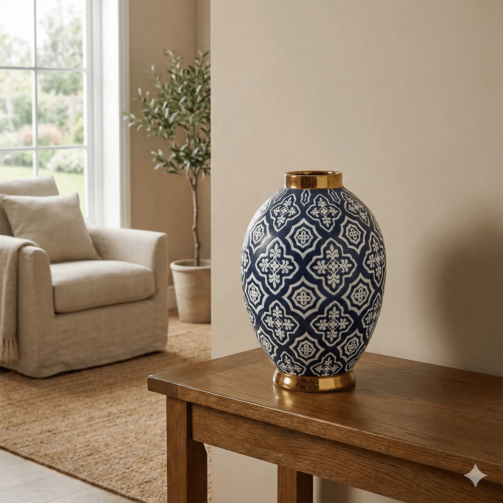 Large 34cm Navy Gold Ceramic Belly Vase