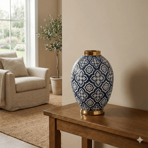 Large 34cm Navy Gold Ceramic Belly Vase