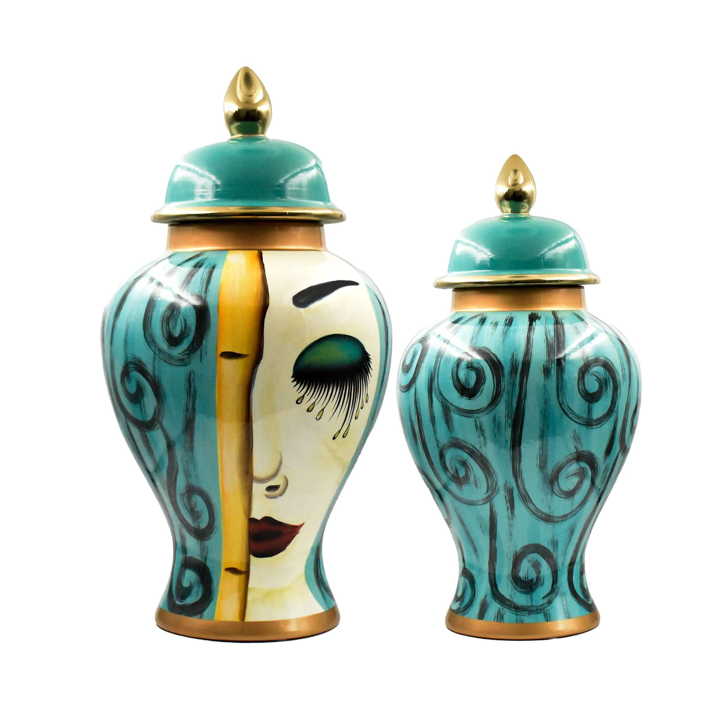 Large Art Deco Face Motif Ceramic Jar Set