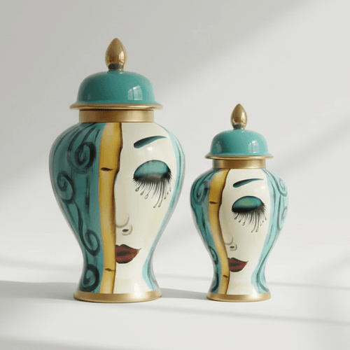 Large Art Deco Face Motif Ceramic Jar Set