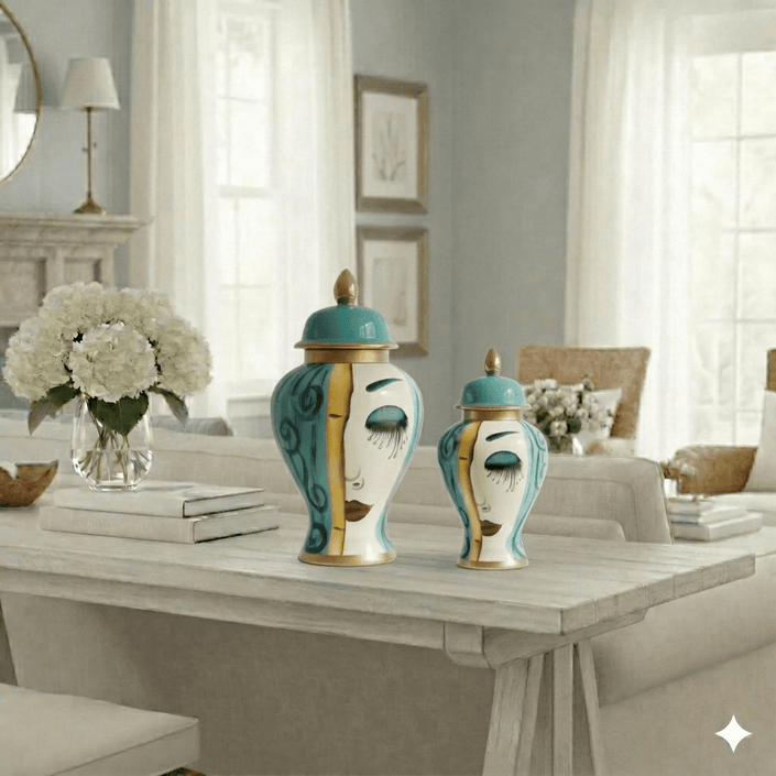 Large Art Deco Face Motif Ceramic Jar Set