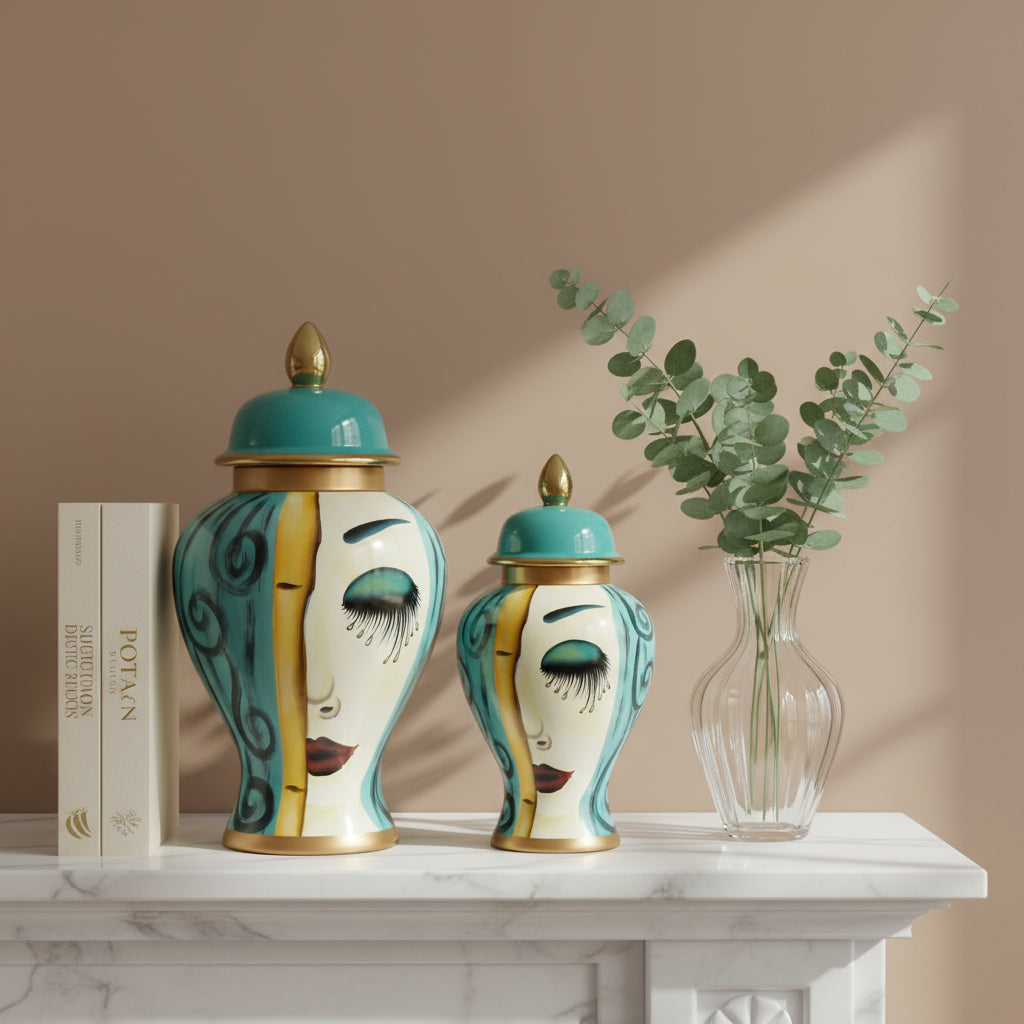 Large Art Deco Face Motif Ceramic Jar Set