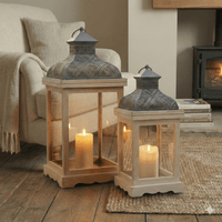 Large Rustic Wood & Embossed Metal Lantern Set