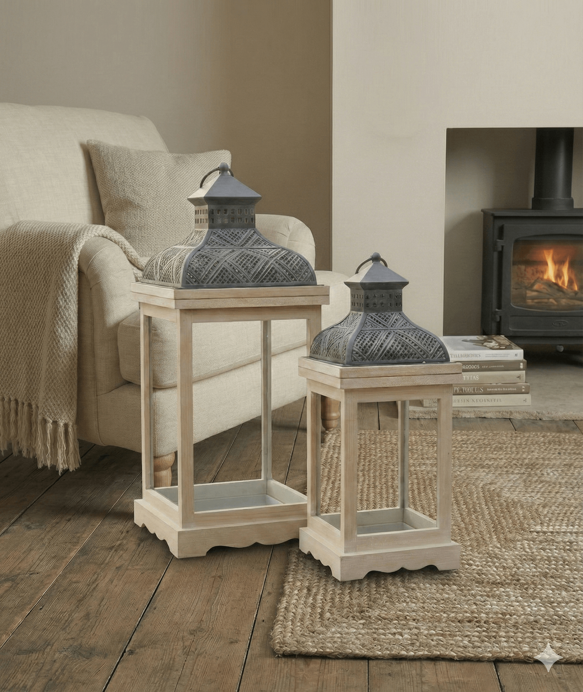 Large Rustic Wood & Embossed Metal Lantern Set