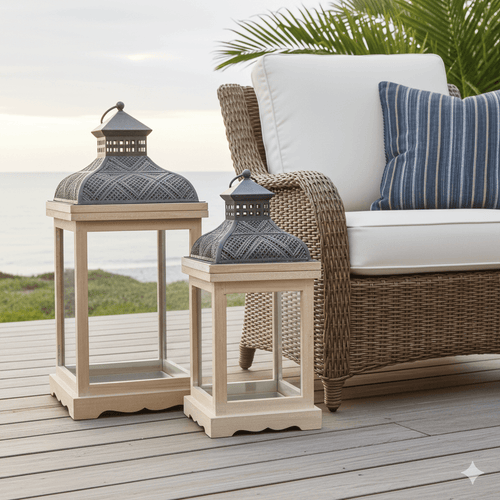 Large Rustic Wood & Embossed Metal Lantern Set