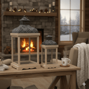Large Rustic Wood & Embossed Metal Lantern Set