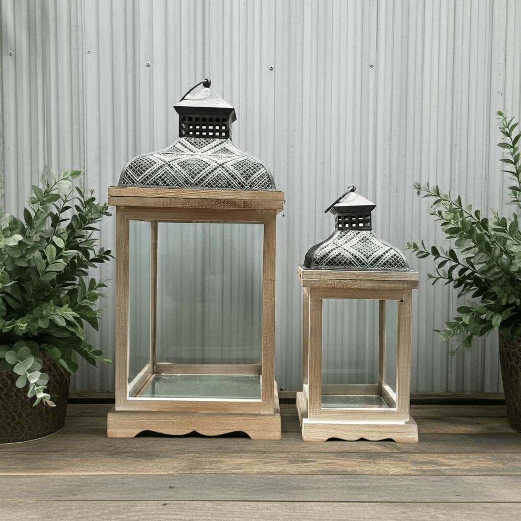 Large Rustic Wood & Embossed Metal Lantern Set