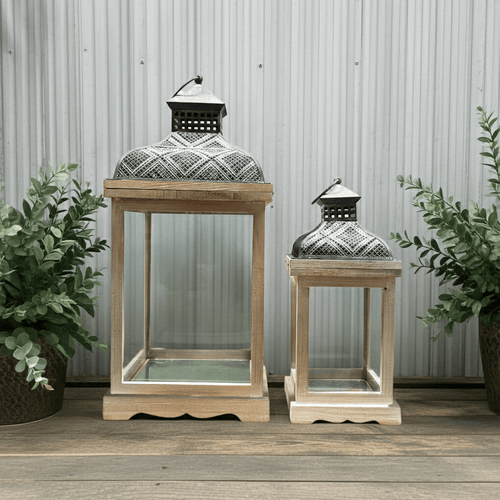 Large Rustic Wood & Embossed Metal Lantern Set