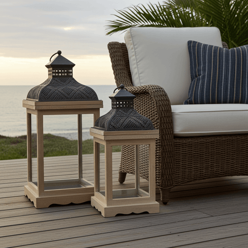 Large Rustic Wood & Embossed Metal Lantern Set