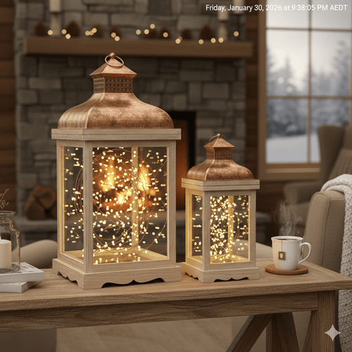 Large Rustic Wood & Embossed Metal Lantern Set