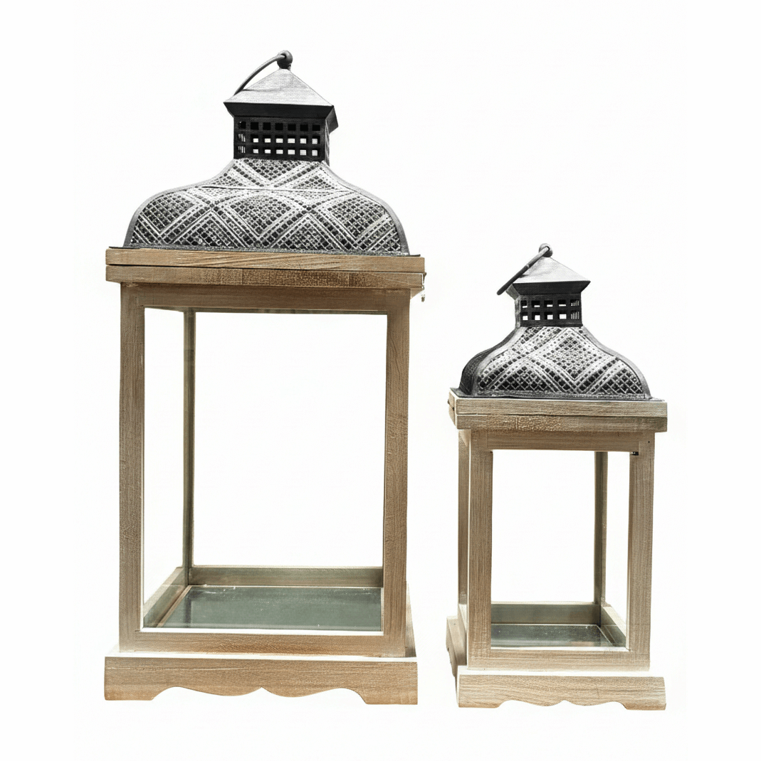Large Rustic Wood & Embossed Metal Lantern Set