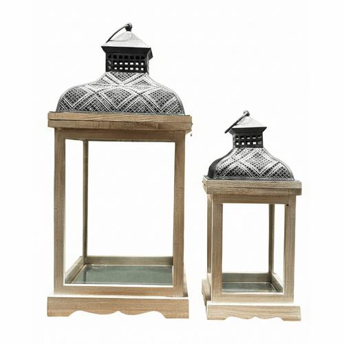 Large Rustic Wood & Embossed Metal Lantern Set