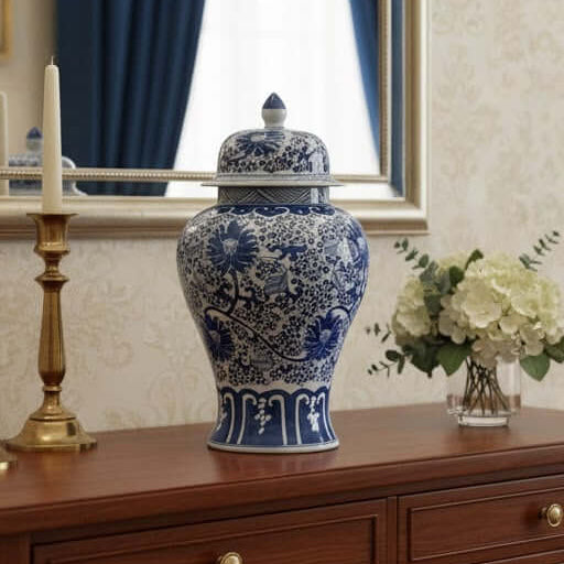 Hand-Painted Blue White Ginger Jar Large