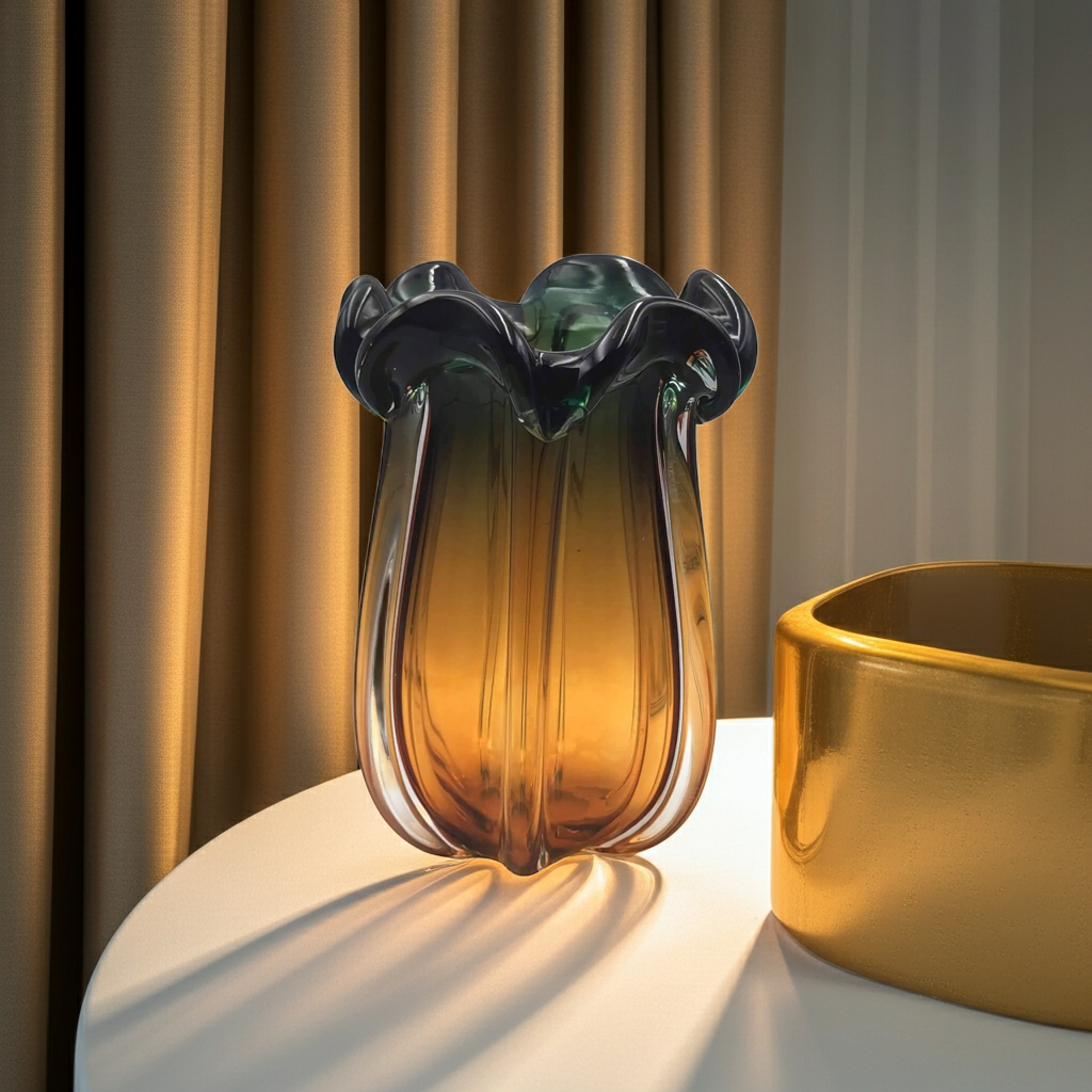 Lotus Vintage Glass Vase - Olive/Yellow 26cm