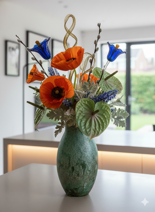 Vibrant floral arrangement in a green vase with red poppies and blue accents on a kitchen counter.