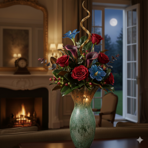 Murano Style Green and Gold Aventurine Tall Vase with vibrant floral arrangement in elegant living room setting.