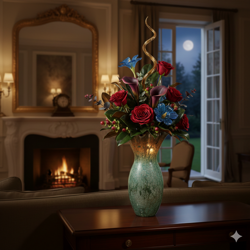 Murano Style Green and Gold Aventurine Tall Vase with flowers on a table in a cozy room, moonlight streaming through open French doors.