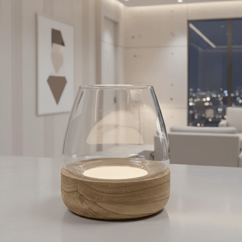 Minimalist Glass Hurricane with Natural Wood Base
